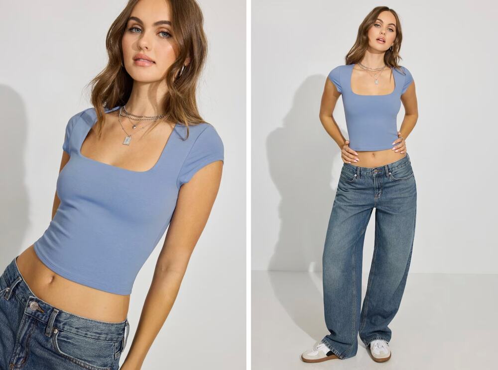 GARAGE Portia Square Neckline T Shirt in English Manor Blue sz. M